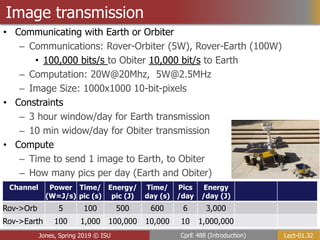Lect-01.32
CprE 488 (Introduction)
Jones, Spring 2019 © ISU
Image transmission
• Communicating with Earth or Orbiter
– Communications: Rover-Orbiter (5W), Rover-Earth (100W)
• 100,000 bits/s to Obiter 10,000 bit/s to Earth
– Computation: 20W@20Mhz, 5W@2.5MHz
– Image Size: 1000x1000 10-bit-pixels
• Constraints
– 3 hour window/day for Earth transmission
– 10 min widow/day for Obiter transmission
• Compute
– Time to send 1 image to Earth, to Obiter
– How many pics per day (Earth and Obiter)
Channel Power
(W=J/s)
Time/
pic (s)
Energy/
pic (J)
Time/
day (s)
Pics
/day
Energy
/day (J)
Rov->Orb 5 100 500 600 6 3,000
Rov->Earth 100 1,000 100,000 10,000 10 1,000,000
 