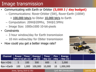 Lect-01.34
CprE 488 (Introduction)
Jones, Spring 2019 © ISU
Image transmission
• Communicating with Earth or Orbiter (5,000 J / day budget)
– Communications: Rover-Orbiter (5W), Rover-Earth (100W)
• 100,000 bits/s to Obiter 10,000 bit/s to Earth
– Computation: 20W@20Mhz, 5W@2.5MHz
– Image Size: 1000x1000 10-bit-pixels
• Constraints
– 3 hour window/day for Earth transmission
– 10 min widow/day for Obiter transmission
• How could you get a better image rate?
Channel Power
(W=J/s)
Time/
pic (s)
Energy/
pic (J)
Time/
day (s)
Pics
/day
Energy
/day (J)
Rov->Orb 5 100 500 600 6 3,000
Rov->Earth 100 1,000 100,000 10,000 10 1,000,000
 