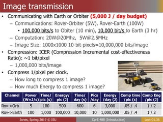 Lect-01.36
CprE 488 (Introduction)
Jones, Spring 2019 © ISU
Image transmission
• Communicating with Earth or Orbiter (5,000 J / day budget)
– Communications: Rover-Orbiter (5W), Rover-Earth (100W)
• 100,000 bits/s to Obiter (10 min), 10,000 bit/s to Earth (3 hr)
– Computation: 20W@20Mhz, 5W@2.5MHz
– Image Size: 1000x1000 10-bit-pixels=10,000,000 bits/image
• Compression: ICER (Compression Incremental cost-effectiveness
Ratio): ~1 bit/pixel
– 1,000,000 bits/image
• Compress 1/pixel per clock.
– How long to compress 1 image?
– How much Energy to compress 1 image?
Channel Power
(W=J/s)
Time/
pic (s)
Energy/
pic (J)
Time/
day (s)
Pics
/day
Energy
/day (J)
Comp time
/pic (s)
Comp Eng
/pic (J)
Rov->Orb 5 100 500 600 6 3,000 .05 / .4 1 / 2
Rov->Earth 100 1,000 100,000 10,000 10 1,000,000 .05 / .4 1 / 2
 