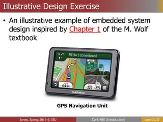 Lect-01.37
CprE 488 (Introduction)
Jones, Spring 2019 © ISU
• An illustrative example of embedded system
design inspired by Chapter 1 of the M. Wolf
textbook
Illustrative Design Exercise
GPS Navigation Unit
 