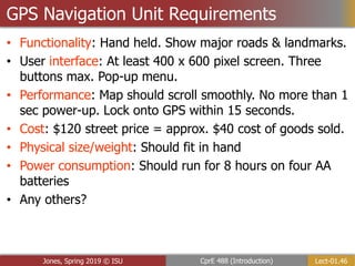 Lect-01.46
CprE 488 (Introduction)
Jones, Spring 2019 © ISU
GPS Navigation Unit Requirements
• Functionality: Hand held. Show major roads & landmarks.
• User interface: At least 400 x 600 pixel screen. Three
buttons max. Pop-up menu.
• Performance: Map should scroll smoothly. No more than 1
sec power-up. Lock onto GPS within 15 seconds.
• Cost: $120 street price = approx. $40 cost of goods sold.
• Physical size/weight: Should fit in hand
• Power consumption: Should run for 8 hours on four AA
batteries
• Any others?
 