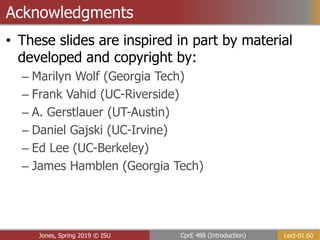 Lect-01.60
CprE 488 (Introduction)
Jones, Spring 2019 © ISU
• These slides are inspired in part by material
developed and copyright by:
– Marilyn Wolf (Georgia Tech)
– Frank Vahid (UC-Riverside)
– A. Gerstlauer (UT-Austin)
– Daniel Gajski (UC-Irvine)
– Ed Lee (UC-Berkeley)
– James Hamblen (Georgia Tech)
Acknowledgments
 