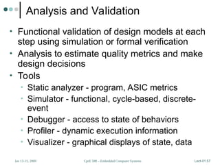CprE 588 – Embedded Computer Systems
Jan 13-15, 2009 Lect-01.57
Analysis and Validation
• Functional validation of design models at each
step using simulation or formal verification
• Analysis to estimate quality metrics and make
design decisions
• Tools
• Static analyzer - program, ASIC metrics
• Simulator - functional, cycle-based, discrete-
event
• Debugger - access to state of behaviors
• Profiler - dynamic execution information
• Visualizer - graphical displays of state, data
 