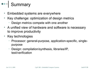 CprE 588 – Embedded Computer Systems
Jan 13-15, 2009 Lect-01.59
Summary
• Embedded systems are everywhere
• Key challenge: optimization of design metrics
• Design metrics compete with one another
• A unified view of hardware and software is necessary
to improve productivity
• Key technologies
• Processor: general-purpose, application-specific, single-
purpose
• Design: compilation/synthesis, libraries/IP,
test/verification
 
