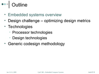CprE 588 – Embedded Computer Systems
Jan 13-15, 2009 Lect-01.8
Outline
• Embedded systems overview
• Design challenge – optimizing design metrics
• Technologies
• Processor technologies
• Design technologies
• Generic codesign methodology
 