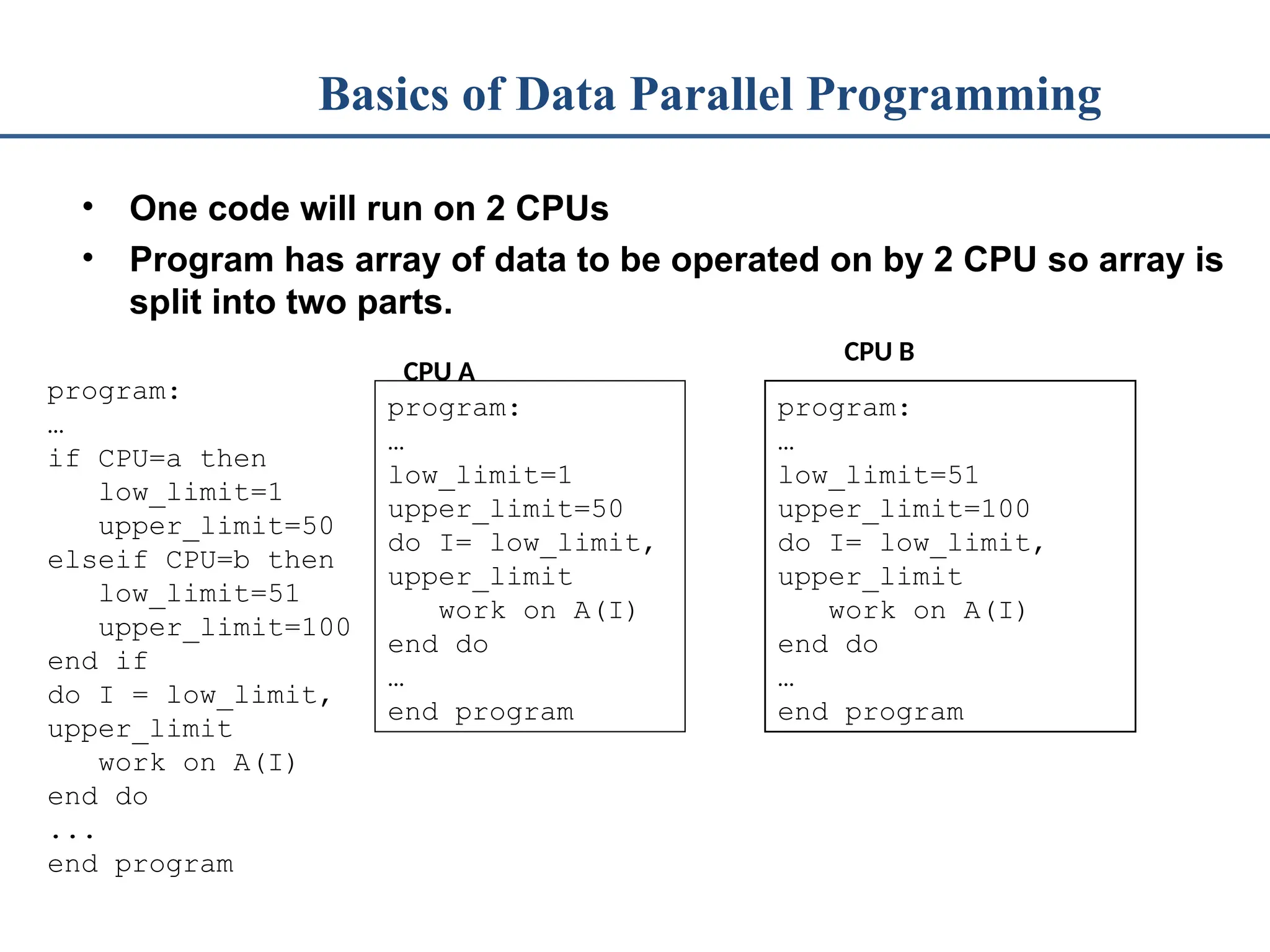 Basics of Data Parallel Programming • One code will run on 2 CPUs • Program has array of data to be operated on by 2 CPU so array is split into two parts. program: … if CPU=a then low_limit=1 upper_limit=50 elseif CPU=b then low_limit=51 upper_limit=100 end if do I = low_limit, upper_limit work on A(I) end do ... end program program: … low_limit=1 upper_limit=50 do I= low_limit, upper_limit work on A(I) end do … end program program: … low_limit=51 upper_limit=100 do I= low_limit, upper_limit work on A(I) end do … end program CPU A CPU B 