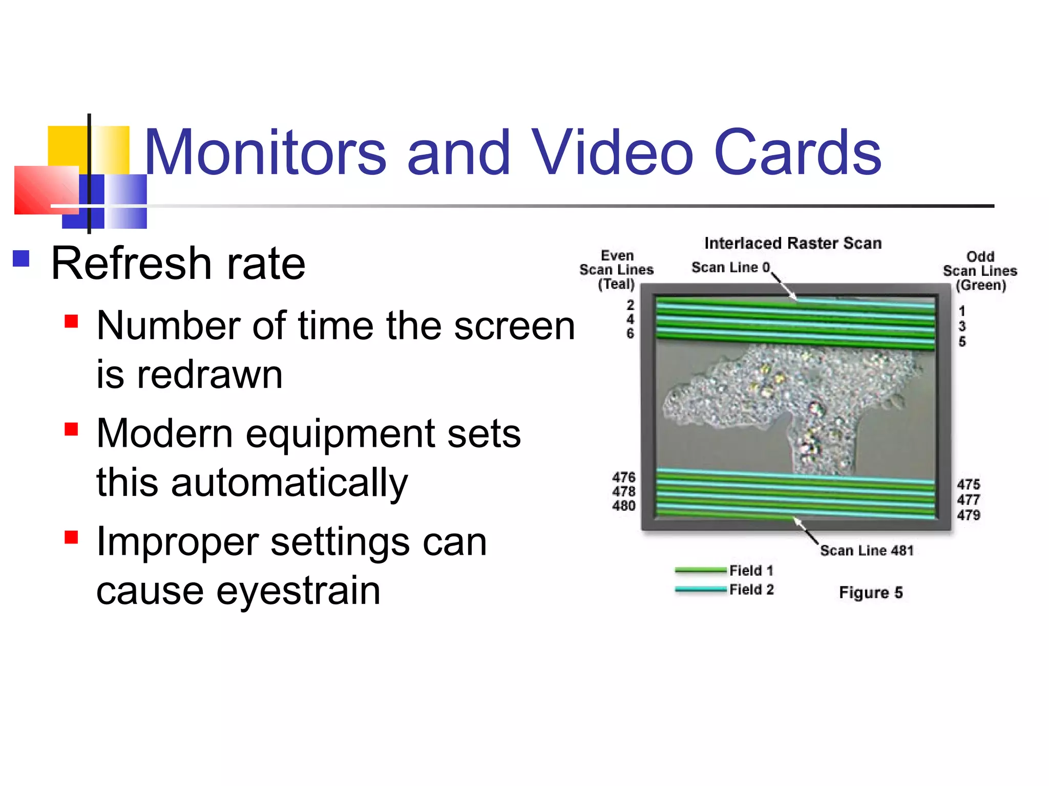 Monitors and Video Cards
 Refresh rate
 Number of time the screen
is redrawn
 Modern equipment sets
this automatically
 Improper settings can
cause eyestrain
 
