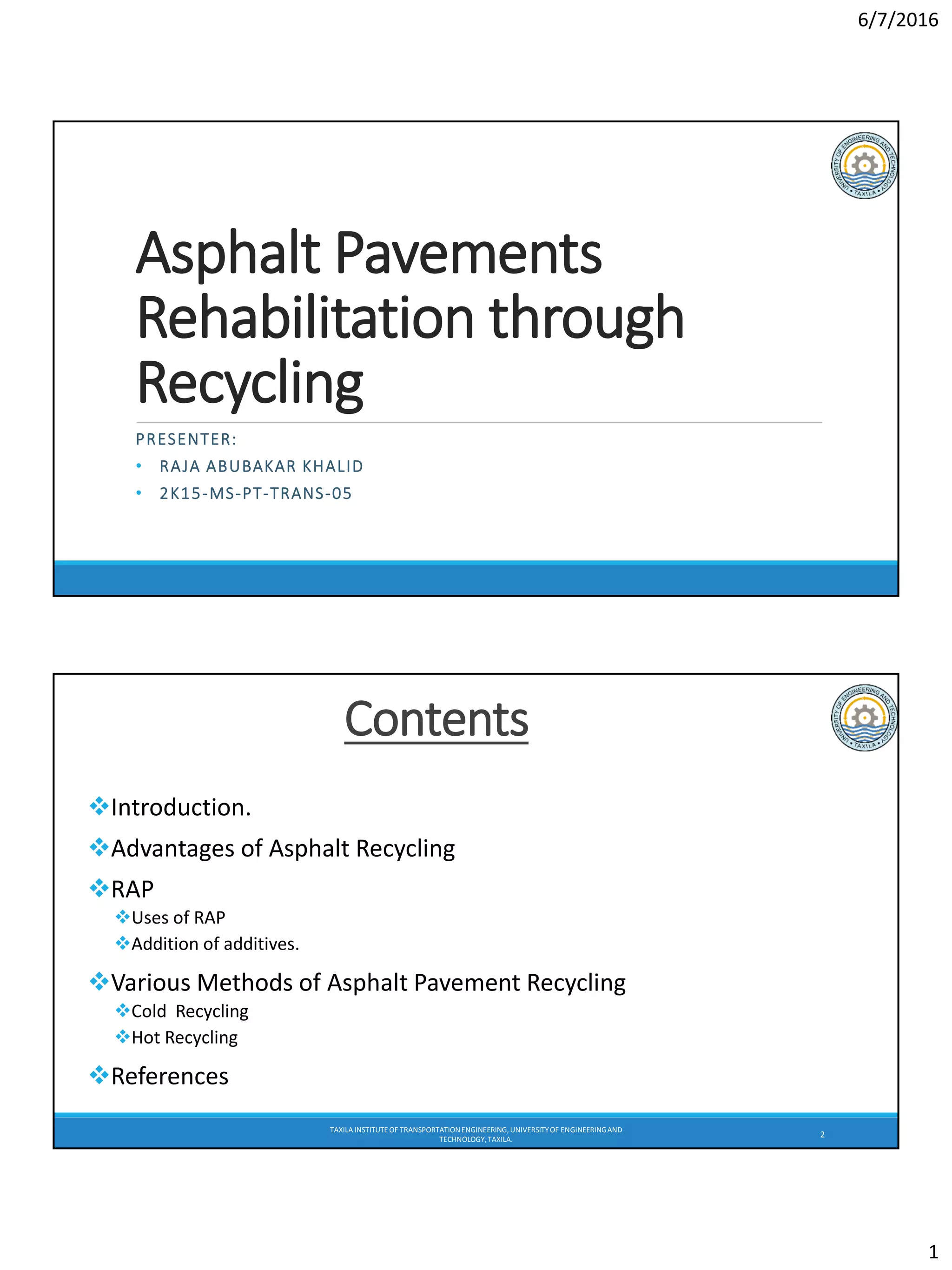 asphalt Pavement rehabilitation through recycling | PDF