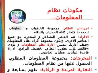 ‫نظام‬ ‫مكونات‬
..‫المعلومات‬
•:‫النظام‬ ‫اجراءات‬‫التعليمات‬ ‫و‬ ‫الخطوات‬ ‫مجموعة‬
.‫بالنظام‬ ‫العمليات‬ ‫كافة‬ ‫لنجاز‬ ‫المحددة‬
•‫الفراد‬:‫جميع‬ ‫مع‬ ‫المشترك‬ ‫و‬ ‫المتداخل‬ ‫العنصر‬ ‫هم‬
.‫المعلومات‬ ‫نظام‬ ‫افراد‬ ‫مجموعة‬ ‫وتكون‬ ‫الخرى‬ ‫صر‬‫العنا‬
‫ددى‬‫د‬‫دم‬‫يس‬ ‫داد‬‫ي‬‫ادار‬ ‫دادد‬‫وضع‬‫المعلومات‬ ‫نظم‬ ‫ادارة‬‫تؤدى‬ ‫و‬
, ,‫ادارة‬ ‫البرامج‬ ‫دطد‬‫ي‬‫تخط‬ ‫النظام‬ ‫درد‬‫ي‬‫تطو‬ ‫ديدد‬‫ه‬ ‫دفد‬‫ئ‬‫وظا‬
. ,‫الحاسوب‬ ‫عمليات‬ ‫البيانات‬ ‫قاعدة‬
•‫المخرجات‬:‫المطلوب‬ ‫المعلومات‬ ‫مجموعة‬
.‫المعلومات‬ ‫نظام‬ ‫من‬ ‫عليها‬ ‫الحصول‬
•:‫بة‬ ‫الرقا‬ ‫و‬ ‫المرتدة‬ ‫ية‬ ‫التغذ‬‫و‬ ‫بمتابعة‬ ‫تقوم‬
 