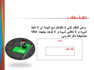 ‫البيئه‬
‫مغلق‬ ‫نظام‬
‫مغلقه‬ ‫انظمة‬:
‫تأخذ‬ ‫ل‬ ‫اي‬ ‫البيئة‬ ‫مع‬ ‫تتفاعل‬ ‫ل‬ ‫التي‬ ‫النظم‬ ‫وهي‬
‫علهقه‬ ‫بينهمما‬ ‫توجمد‬ ‫ل‬ ‫و‬ ‫شيمء‬ ‫تعطمي‬ ‫ل‬ ‫و‬ ‫شيمء‬
.‫الكرسي‬ ‫مثل‬ ‫ديناميكية‬
 