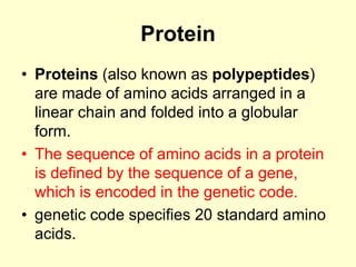 Protein
• Proteins (also known as polypeptides)
are made of amino acids arranged in a
linear chain and folded into a globular
form.
• The sequence of amino acids in a protein
is defined by the sequence of a gene,
which is encoded in the genetic code.
• genetic code specifies 20 standard amino
acids.
 