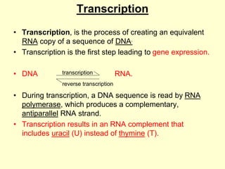 Transcription
• Transcription, is the process of creating an equivalent
RNA copy of a sequence of DNA.
• Transcription is the first step leading to gene expression.
• DNA RNA.
• During transcription, a DNA sequence is read by RNA
polymerase, which produces a complementary,
antiparallel RNA strand.
• Transcription results in an RNA complement that
includes uracil (U) instead of thymine (T).
transcription
reverse transcription
 
