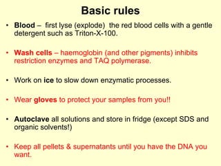 Basic rules
• Blood – first lyse (explode) the red blood cells with a gentle
detergent such as Triton-X-100.
• Wash cells – haemoglobin (and other pigments) inhibits
restriction enzymes and TAQ polymerase.
• Work on ice to slow down enzymatic processes.
• Wear gloves to protect your samples from you!!
• Autoclave all solutions and store in fridge (except SDS and
organic solvents!)
• Keep all pellets & supernatants until you have the DNA you
want.
 