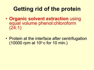 Getting rid of the protein
• Organic solvent extraction using
equal volume phenol:chloroform
(24:1)
• Protein at the interface after centrifugation
(10000 rpm at 10o c for 10 min.)
 