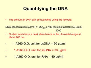 Quantifying the DNA
• The amount of DNA can be quantified using the formula:
DNA concentration (g/ml) = OD260 x 100 (dilution factor) x 50 g/ml
1000
• Nucleic acids have a peak absorbance in the ultraviolet range at
about 260 nm
• 1 A260 O.D. unit for dsDNA = 50 µg/ml
• 1 A260 O.D. unit for ssDNA = 33 µg/ml
• 1 A260 O.D. unit for RNA = 40 µg/ml
 