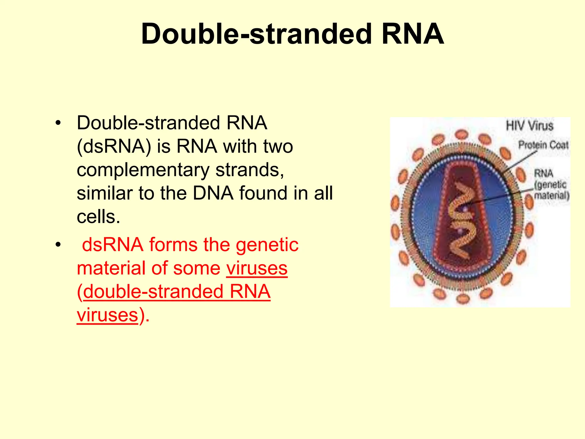 Double-stranded RNA
• Double-stranded RNA
(dsRNA) is RNA with two
complementary strands,
similar to the DNA found in all
cells.
• dsRNA forms the genetic
material of some viruses
(double-stranded RNA
viruses).
 