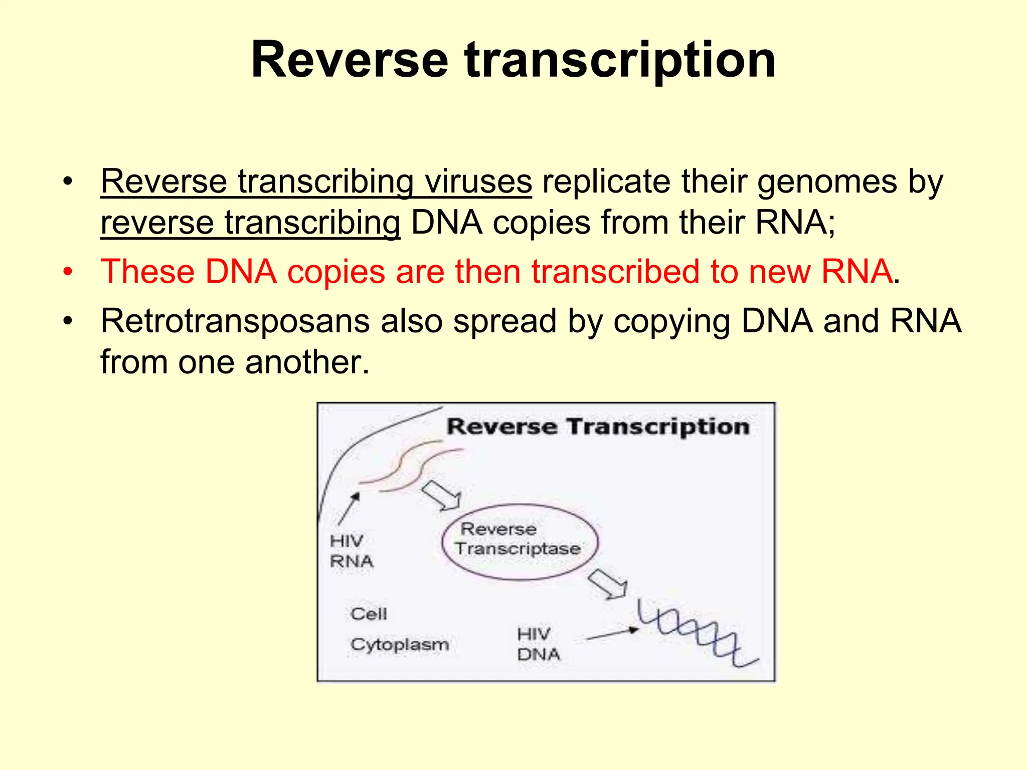 Reverse transcription
• Reverse transcribing viruses replicate their genomes by
reverse transcribing DNA copies from their RNA;
• These DNA copies are then transcribed to new RNA.
• Retrotransposans also spread by copying DNA and RNA
from one another.
 