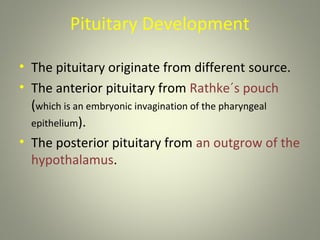 Pituitary Development

• The pituitary originate from different source.
• The anterior pituitary from Rathke´s pouch
  (which is an embryonic invagination of the pharyngeal
  epithelium).
• The posterior pituitary from an outgrow of the
  hypothalamus.
 
