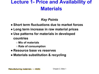 Lecture 1- Price and Availability of
             Materials

                    Key Points
● Short term fluctuations due to market forces
● Long term increase in raw material prices
● Use patterns for materials in developed
  countries
   ○ Mix of materials
   ○ Rate of consumption
● Resource base vs reserves
● Materials substitution & recycling



                           Chapter 2, Slide 1
 