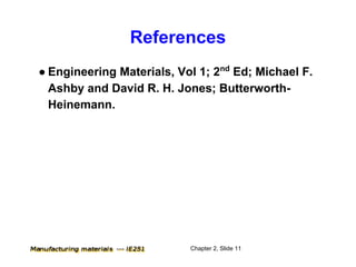 References
● Engineering Materials, Vol 1; 2nd Ed; Michael F.
  Ashby and David R. H. Jones; Butterworth-
  Heinemann.




                           Chapter 2, Slide 11
 