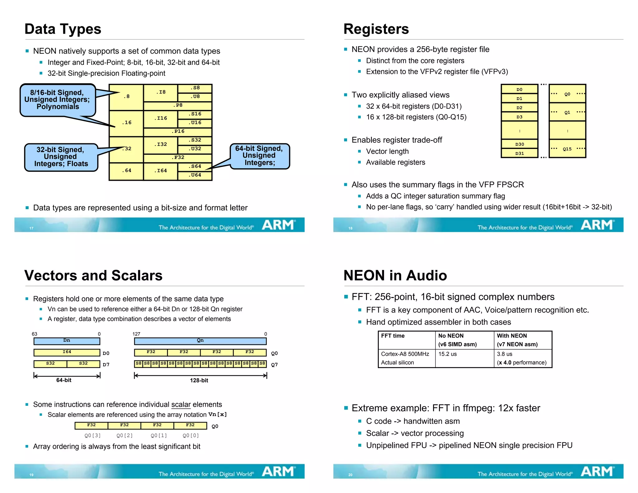 Data Types                                                                                                  Registers
  NEON natively supports a set of common data types                                                          NEON provides a 256-byte register file
         Integer and Fixed-Point; 8-bit, 16-bit, 32-bit and 64-bit                                               Distinct from the core registers
         32-bit Single-precision Floating-point                                                                  Extension to the VFPv2 register file (VFPv3)

                                                                          .S8
Signed, Unsigned
 8/16-bit Signed,                                           .I8                                                                                                     D0
     Integers;                            .8                              .U8                                Two explicitly aliased views                                        Q0
Unsigned Integers;                                                                                                                                                  D1
   Polynomials                                                    .P8                                            32 x 64-bit registers (D0-D31)
   Polynomials                                                                                                                                                      D2
                                                                                                                                                                                 Q1
                                                                         .S16
                                                        .I16                                                     16 x 128-bit registers (Q0-Q15)                    D3
                                          .16                            .U16
                                                                  .P16                                                                                              :             :

                                                        .I32
                                                                         .S32                                Enables register trade-off                             D30
       32-bit Signed,                     .32                            .U32             64-bit Signed,         Vector length                                                   Q15
                                                                                                                                                                    D31
         Unsigned                                                 .F32                      Unsigned
      Integers; Floats                                                   .S64                Integers;           Available registers
                                          .64           .I64
                                                                         .U64
                                                                                                             Also uses the summary flags in the VFP FPSCR
                                                                                                                 Adds a QC integer saturation summary flag
  Data types are represented using a bit-size and format letter                                                  No per-lane flags, so ‘carry’ handled using wider result (16bit+16bit -> 32-bit)

 17                                                                                                         18




Vectors and Scalars                                                                                         NEON in Audio
  Registers hold one or more elements of the same data type                                                  FFT: 256-point, 16-bit signed complex numbers
         Vn can be used to reference either a 64-bit Dn or 128-bit Qn register                                   FFT is a key component of AAC, Voice/pattern recognition etc.
         A register, data type combination describes a vector of elements
                                                                                                                 Hand optimized assembler in both cases
  63                            0               127                                                0                 FFT time           No NEON            With NEON
                 Dn                                                            Qn
                                                                                                                                        (v6 SIMD asm)      (v7 NEON asm)
                 I64                D0                F32           F32             F32      F32       Q0            Cortex-A8 500MHz   15.2 us            3.8 us
         S32            S32         D7           S8 S8 S8 S8 S8 S8 S8 S8 S8 S8 S8 S8 S8 S8 S8 S8       Q7            Actual silicon                        (x 4.0 performance)


               64-bit                                                     128-bit



  Some instructions can reference individual scalar elements
                                                                                                             Extreme example: FFT in ffmpeg: 12x faster
         Scalar elements are referenced using the array notation Vn[x]
                          F32             F32           F32              F32                                     C code -> handwitten asm
                                                                                    Q0
                         Q0[3]           Q0[2]         Q0[1]            Q0[0]                                    Scalar -> vector processing
  Array ordering is always from the least significant bit                                                        Unpipelined FPU -> pipelined NEON single precision FPU


 19                                                                                                         20
 