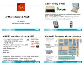 A brief history of ARM




                                                             First ARM prototype came alive on 26-Apr-1985, 3um technology, 24800 transistors
                                                             50mm2, consumed 120mW of power
    ARM Architecture & NEON                                  Acorn’s commercial ARM2 processor: 8-MHz, 26-bit addressing, 3-stage pipeline
                                                             ARM founded in October 1990, separate company (Apple had 43% stake)
                                                             ARM610 for Newton in 1992, ARM7TDMI for Nokia in 1994

                      Ian Rickards
             Stanford University 28 Apr 2010




1                                                              2




ARM 25 years later: Cortex-A9 MP                             Cortex-A9 Processor Microarchitecture
 1-4 way MP with optimized MESI                                Introduces out-of-
                                                               order instruction
 16KB, 32KB, 64KB I & D caches                                 issue and
                                                               completion
 128KB-8MB L2
 Multi-issue, Speculation, Renaming, OOO                       Register
                                                               renaming to
 High performance FPU option                                   enable execution
                                                               speculation
 NEON SIMD option
 Thumb-2                                                       Non-blocking
                                                               memory system
 AXI bus                                                       with load-store
                                                               forwarding


 Gatecount: 500K (32KB I/D L1’s), 600K (core), 500K (NEON)     Fast loop mode in
                                                               instruction pre-
 40G “Low Power” macro: ~5mm2, 800MHz, 0.5W                    fetch to lower
                                                               power
 40G “High Performance” macro: ~7mm2 2GHz (typ), 2W            consumption

3                                                              4
 