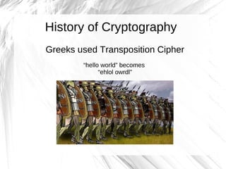 History of Cryptography
Greeks used Transposition Cipher
        “hello world” becomes
              “ehlol owrdl”
 