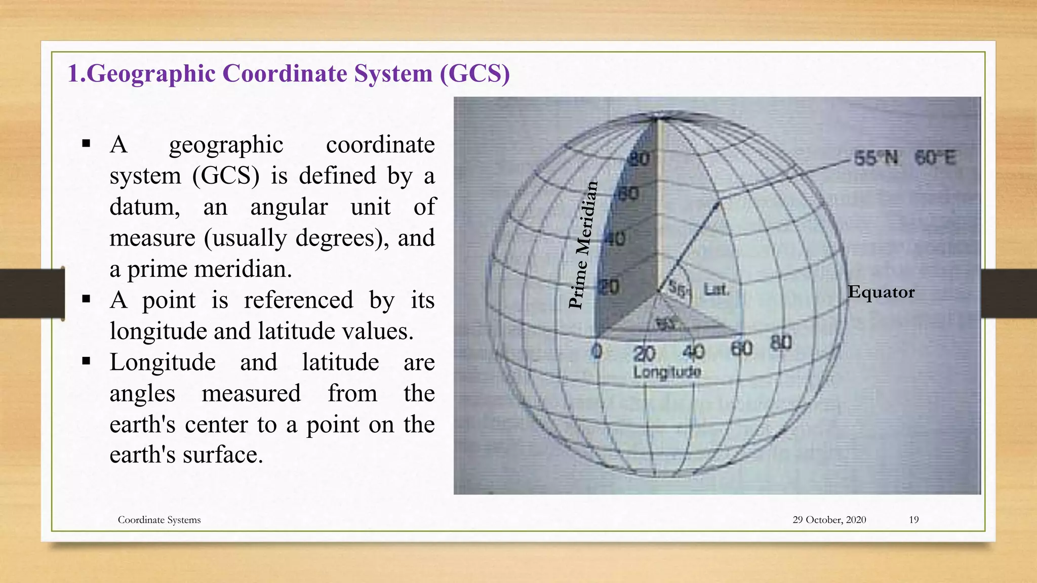 29 October, 2020
Coordinate Systems 19
Equator
 A geographic coordinate
system (GCS) is defined by a
datum, an angular unit of
measure (usually degrees), and
a prime meridian.
 A point is referenced by its
longitude and latitude values.
 Longitude and latitude are
angles measured from the
earth's center to a point on the
earth's surface.
1.Geographic Coordinate System (GCS)
 