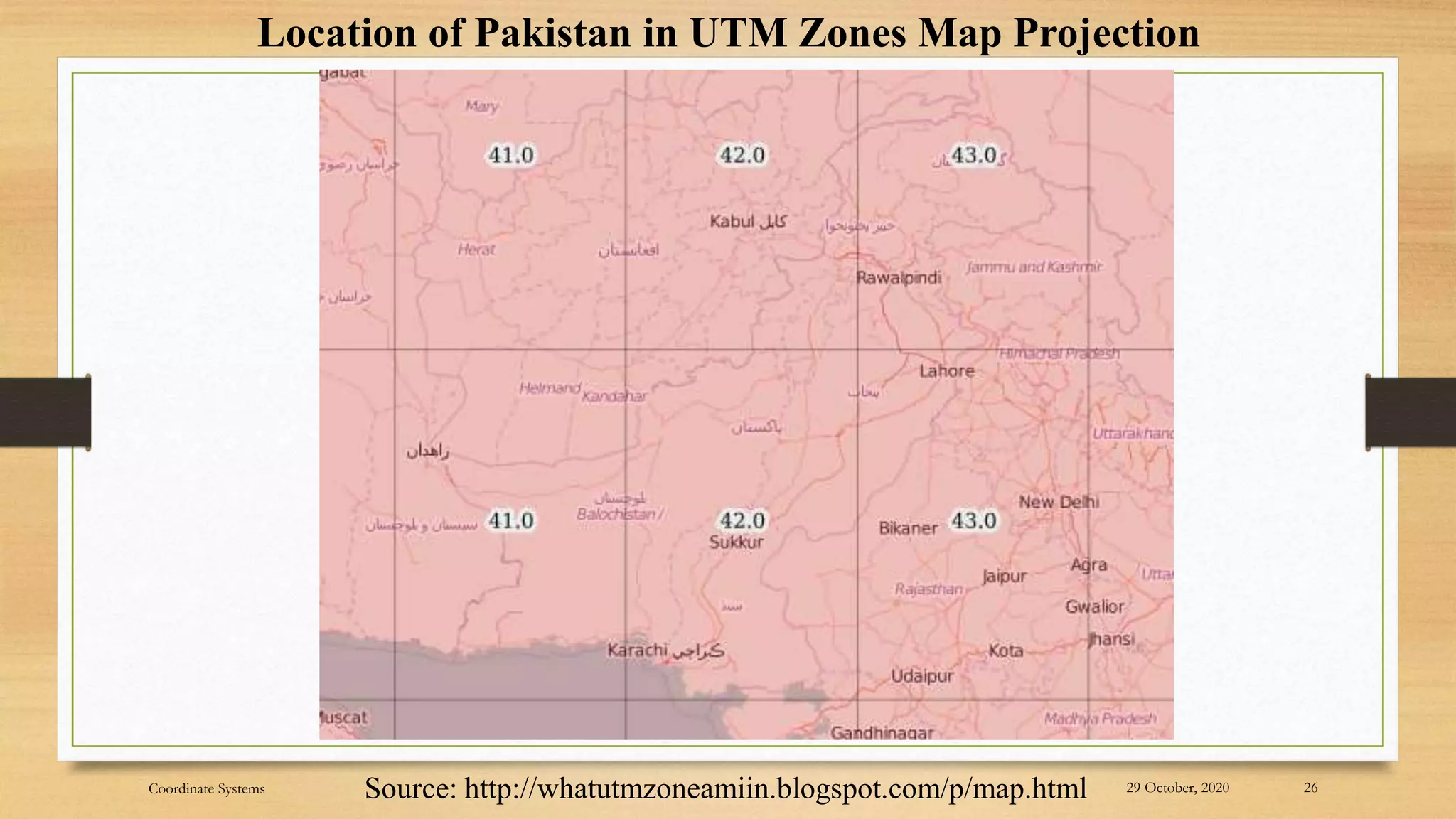 Location of Pakistan in UTM Zones Map Projection
Source: http://whatutmzoneamiin.blogspot.com/p/map.html 29 October, 2020 26
Coordinate Systems
 