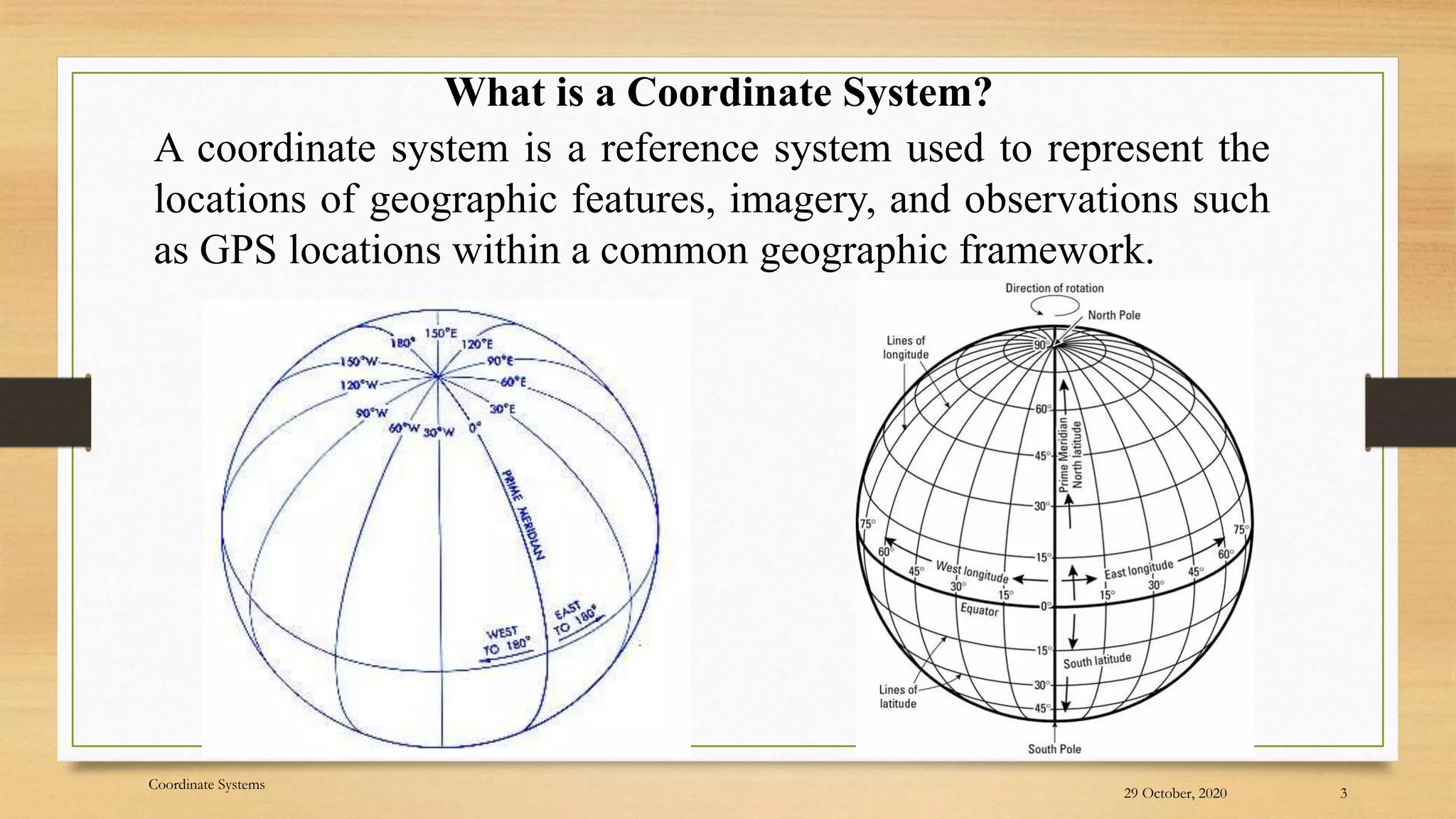 A coordinate system is a reference system used to represent the
locations of geographic features, imagery, and observations such
as GPS locations within a common geographic framework.
What is a Coordinate System?
29 October, 2020 3
Coordinate Systems
 