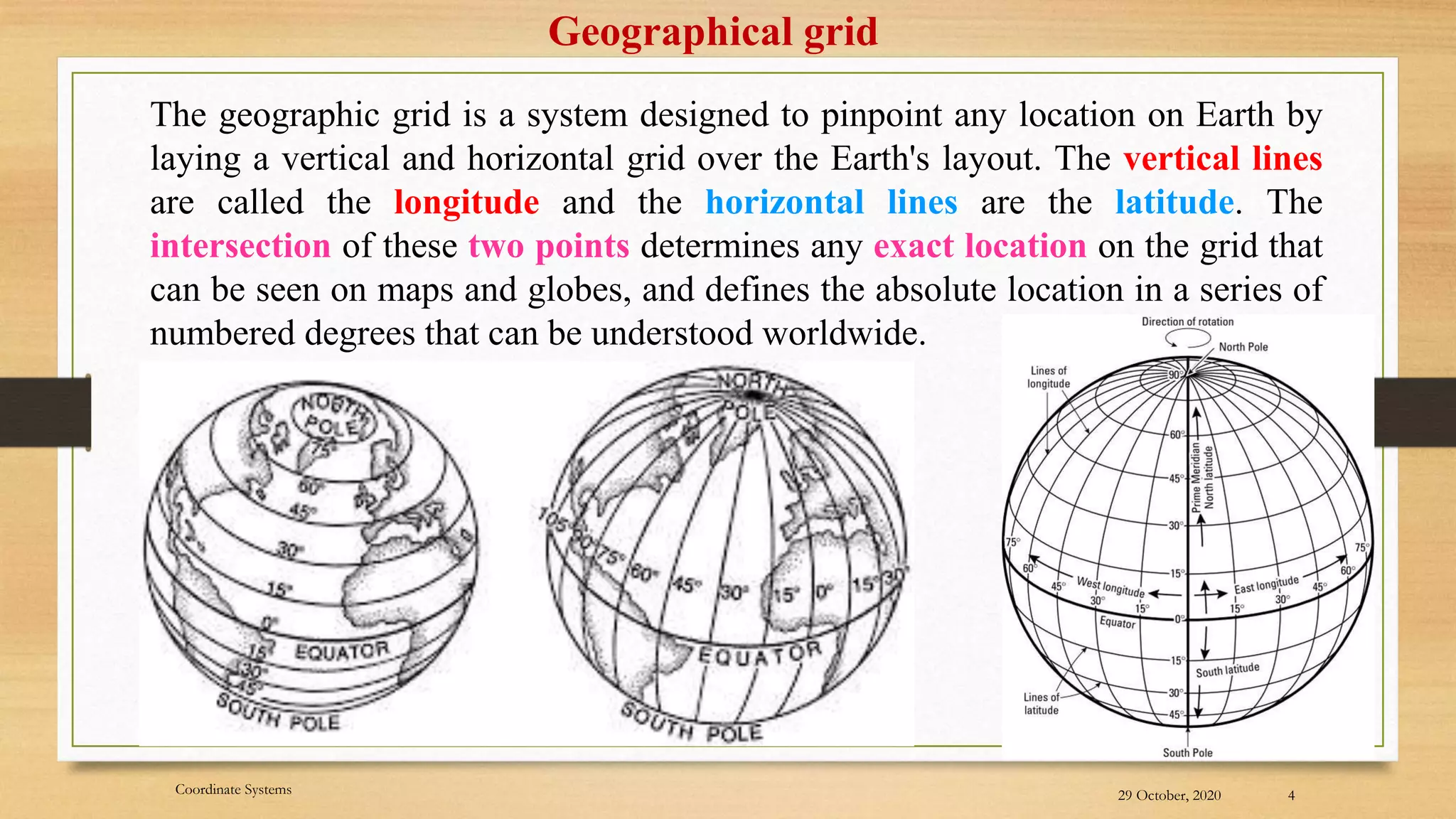 29 October, 2020 4
Geographical grid
The geographic grid is a system designed to pinpoint any location on Earth by
laying a vertical and horizontal grid over the Earth's layout. The vertical lines
are called the longitude and the horizontal lines are the latitude. The
intersection of these two points determines any exact location on the grid that
can be seen on maps and globes, and defines the absolute location in a series of
numbered degrees that can be understood worldwide.
Coordinate Systems
 