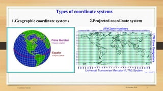 29 October, 2020
Coordinate Systems 17
2.Projected coordinate system
Types of coordinate systems
1.Geographic coordinate systems
 
