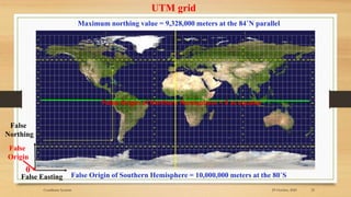 UTM grid
False Origin of Southern Hemisphere = 10,000,000 meters at the 80˚S
Maximum northing value = 9,328,000 meters at the 84˚N parallel
False Origin of Northern Hemisphere = 0 at equator
29 October, 2020 25
Coordinate Systems
False
Northing
False Easting
False
Origin
0
 