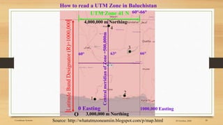 Source: http://whatutmzoneamiin.blogspot.com/p/map.html
Latitude
Band
Designator
(R)=1000,000
UTM Zone 41 N 60°-66°
63°
60° 66°
3,000,000 m Northing
0 Easting
Central
meridian
of
Zone
=500,000m
How to read a UTM Zone in Baluchistan
O
29 October, 2020 28
Coordinate Systems
4,000,000 m Northing
1000,000 Easting
1
2
3
4
 