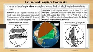 Latitude is the angular distance of a
point away from the equator measured
from the center of the globe 90 degrees
North (0 to +90) or South (0 to -90) .
Latitude and Longitude Coordinates
In order to describe positions on a sphere we use the Latitude, Longitude coordinate
system.
Determination of Latitude:
Longitude is the angular distance of a point from the
Principal Meridian measured from the center of the
globe 180 degrees East (0 to +180) or West (0 to -180).
The Principal Meridian is also referred to as the Prime
Meridian or Greenwich Meridian.
Determination of Longitude:
9
29 October, 2020
Coordinate Systems
 