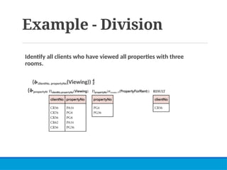 Example - Division
Identify all clients who have viewed all properties with three
rooms.
(clientNo, propertyNo(Viewing)) 
(propertyNo(rooms = 3 (PropertyForRent)))
 
