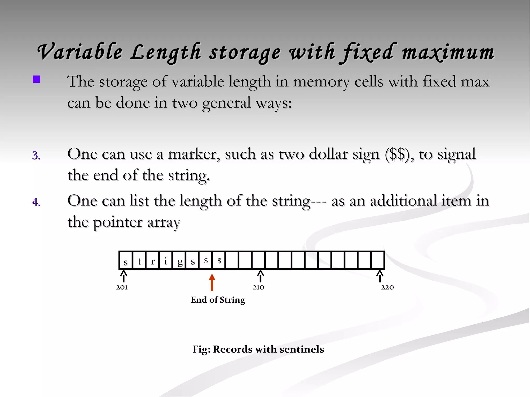 Variable Length storage with fixed maximum The storage of variable length in memory cells with fixed max can be done in two general ways: One can use a marker, such as two dollar sign ($$), to signal the end of the string. One can list the length of the string--- as an additional item in the pointer array $ $ End of String Fig: Records with sentinels s t r i g s 201 210 220 