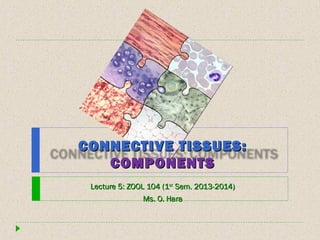CONNECTIVE TISSUES:CONNECTIVE TISSUES:
COMPONENTSCOMPONENTS
Lecture 5: ZOOL 104 (1Lecture 5: ZOOL 104 (1stst
Sem. 2013-2014)Sem. 2013-2014)
Ms. O. HaraMs. O. Hara
 