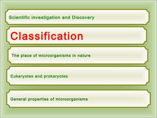 The place of microorganisms in nature
Eukaryotes and prokaryotes
Scientific investigation and Discovery
General properties of microorganisms
Classification
 