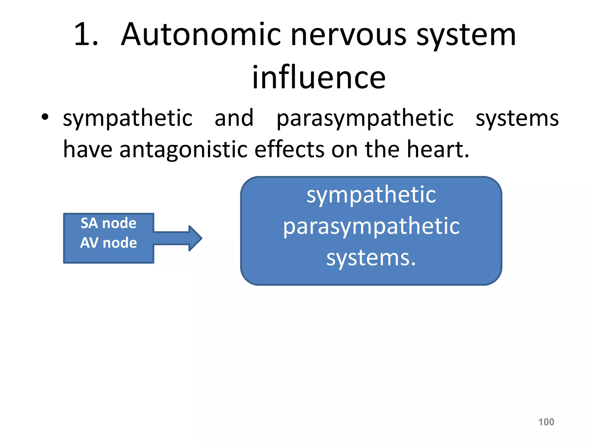 1. Autonomic nervous system 
influence 
• sympathetic and parasympathetic systems 
have antagonistic effects on the heart. 
100 
SA node 
AV node 
sympathetic and 
sympathetic 
parasympathetic 
systems. 
 