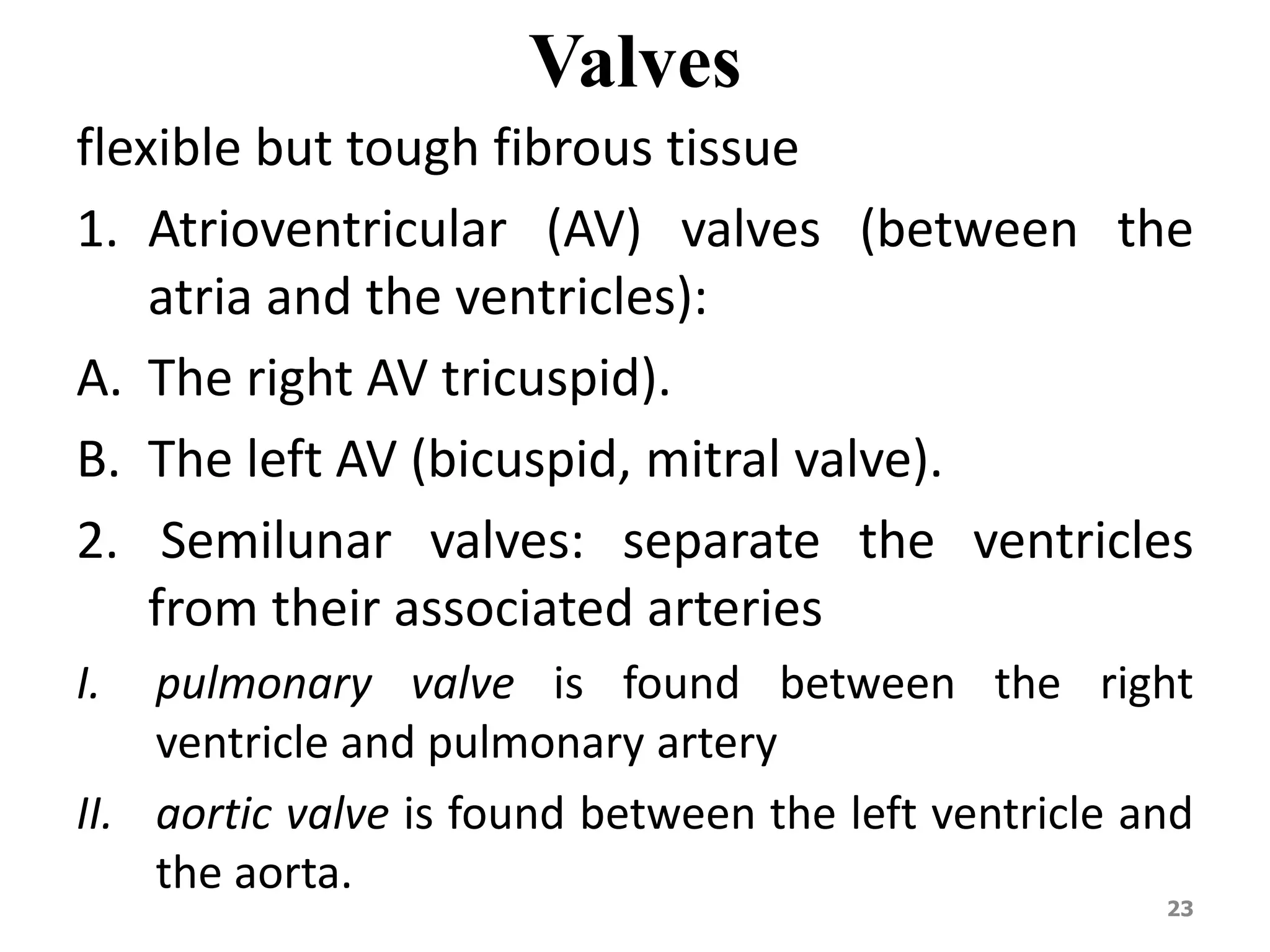 Valves 
flexible but tough fibrous tissue 
1. Atrioventricular (AV) valves (between the 
atria and the ventricles): 
A. The right AV tricuspid). 
B. The left AV (bicuspid, mitral valve). 
2. Semilunar valves: separate the ventricles 
from their associated arteries 
I. pulmonary valve is found between the right 
ventricle and pulmonary artery 
II. aortic valve is found between the left ventricle and 
the aorta. 
23 
 