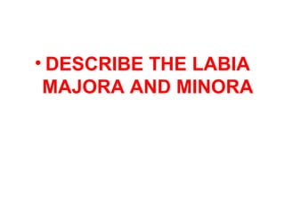 • DESCRIBE THE LABIA
MAJORA AND MINORA
 