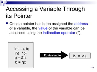 19
19
int a, b;
int *p;
p = &a;
b = *p;
Accessing a Variable Through
its Pointer
 Once a pointer has been assigned the address
of a variable, the value of the variable can be
accessed using the indirection operator (*).
Equivalent to b = a;
 