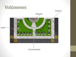Volúmenes
Rotonda
Estatuas
Jardín
Caminamientos
 