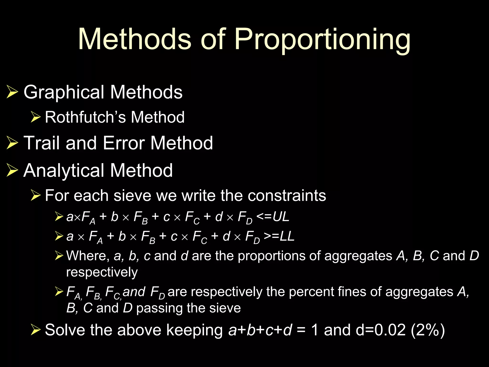 Methods of Proportioning
 Graphical Methods
Rothfutch’s Method
 Trail and Error Method
 Analytical Method
For each sieve we write the constraints
aFA + b  FB + c  FC + d  FD <=UL
a  FA + b  FB + c  FC + d  FD >=LL
Where, a, b, c and d are the proportions of aggregates A, B, C and D
respectively
FA, FB, FC,and FD are respectively the percent fines of aggregates A,
B, C and D passing the sieve
Solve the above keeping a+b+c+d = 1 and d=0.02 (2%)
 