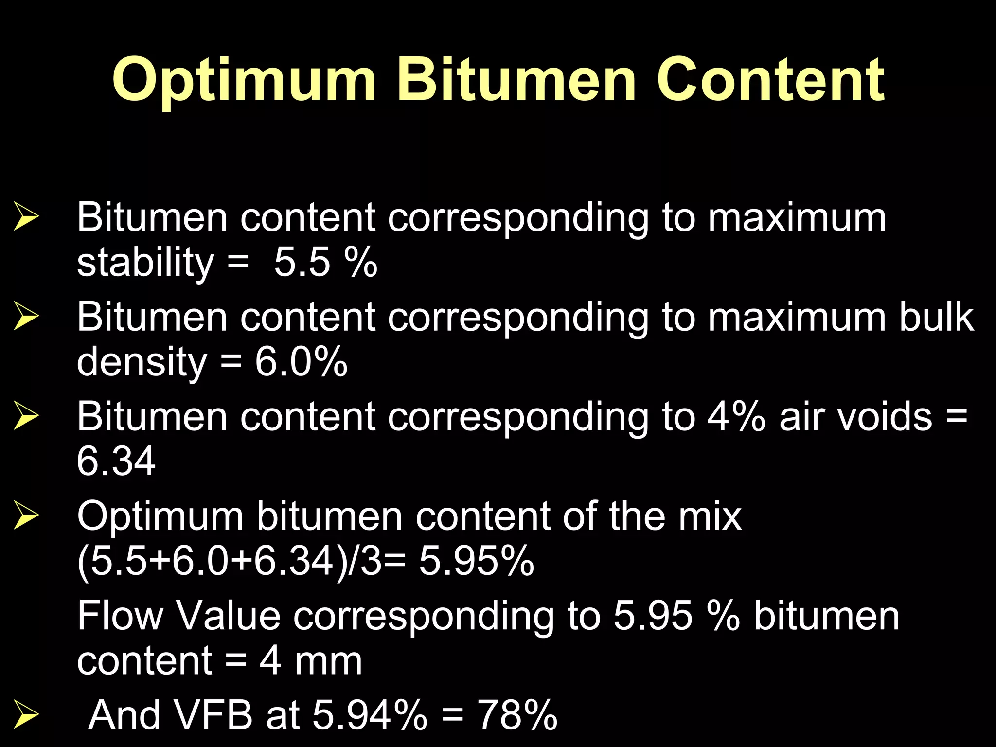 Optimum Bitumen Content
 Bitumen content corresponding to maximum
stability = 5.5 %
 Bitumen content corresponding to maximum bulk
density = 6.0%
 Bitumen content corresponding to 4% air voids =
6.34
 Optimum bitumen content of the mix
(5.5+6.0+6.34)/3= 5.95%
Flow Value corresponding to 5.95 % bitumen
content = 4 mm
 And VFB at 5.94% = 78%
 