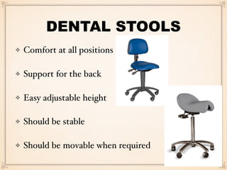 DENTAL STOOLS
Comfort at all positions
Support for the back
Easy adjustable height
Should be stable
Should be movable when required
 