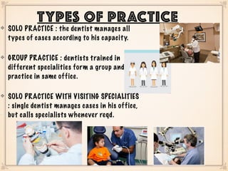 SOLO PRACTICE : the dentist manages all
types of cases according to his capacity.
GROUP PRACTICE : dentists trained in
different specialities form a group and
practice in same office.
SOLO PRACTICE WITH VISITING SPECIALITIES
: single dentist manages cases in his office,
but calls specialists whenever reqd.
TYPES OF PRACTICE
 