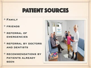 PATIENT SOURCES
Family
friends
referral of
emergencies
referral by doctors
and dentists
recommendations by
patients already
seen
 