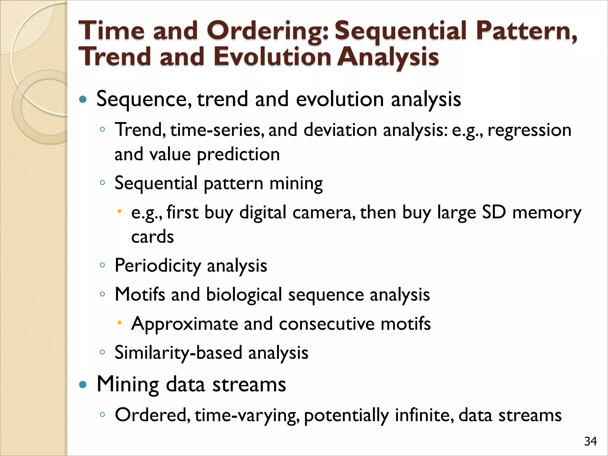 34
 Sequence, trend and evolution analysis
◦ Trend, time-series, and deviation analysis: e.g., regression
and value prediction
◦ Sequential pattern mining
 e.g., first buy digital camera, then buy large SD memory
cards
◦ Periodicity analysis
◦ Motifs and biological sequence analysis
 Approximate and consecutive motifs
◦ Similarity-based analysis
 Mining data streams
◦ Ordered, time-varying, potentially infinite, data streams
 